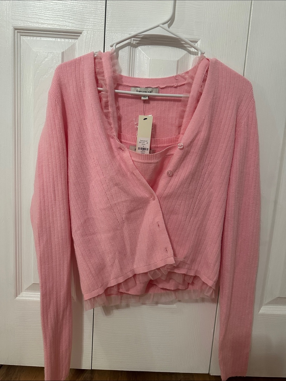 Francesca's Collections Light Pink Ribbed Ruffle-Trim Cardigan Set